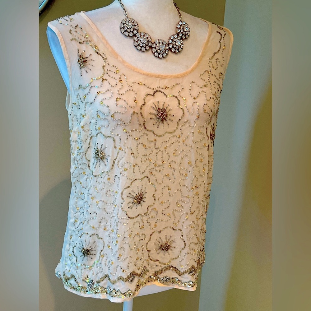 Anthropologie Moulinette Soeurs Cream 💛 🩶 Gold Silver Beaded Silk Tank Size 12